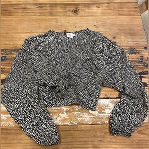 PRINCESS POLLY PATTERNED TIED BLACK BLOUSE LONG SLEEVE